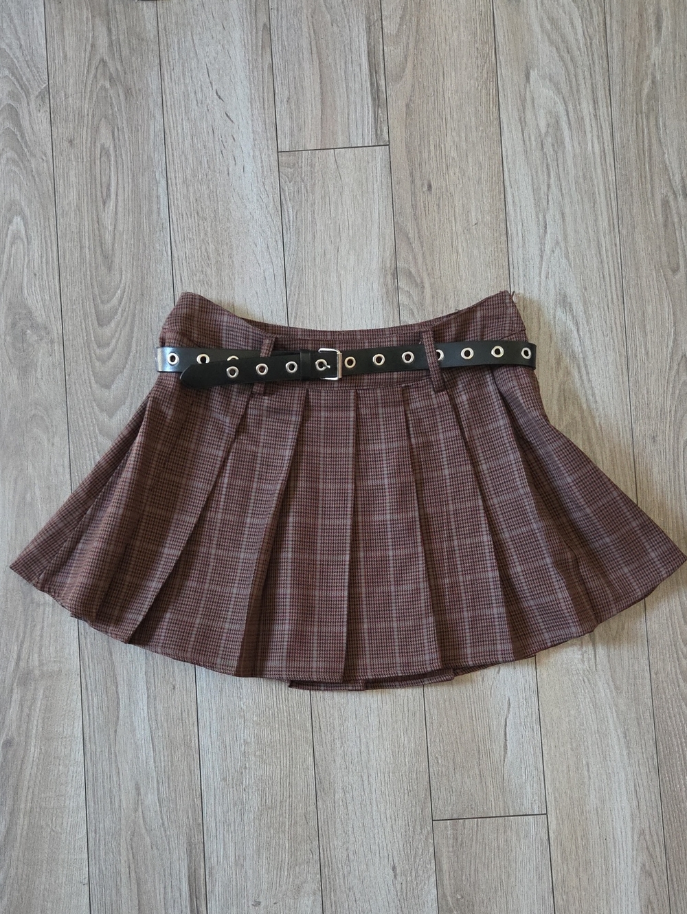Thorn & Fable Plaid Pleated Mini Skirt with Grommet Belt - Brown Plaid Small